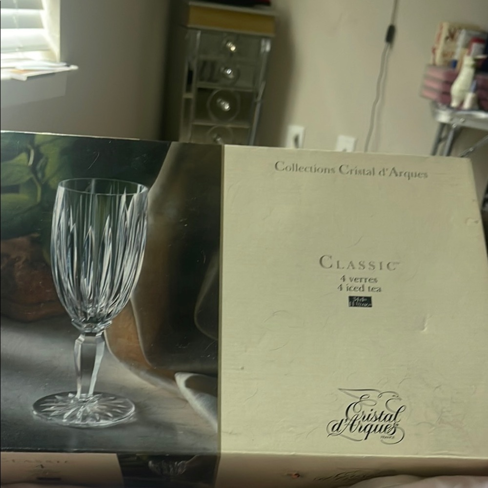 France d’Arques Vintage never used Crystal 4 Iced Tea Glasses/gold seals & box